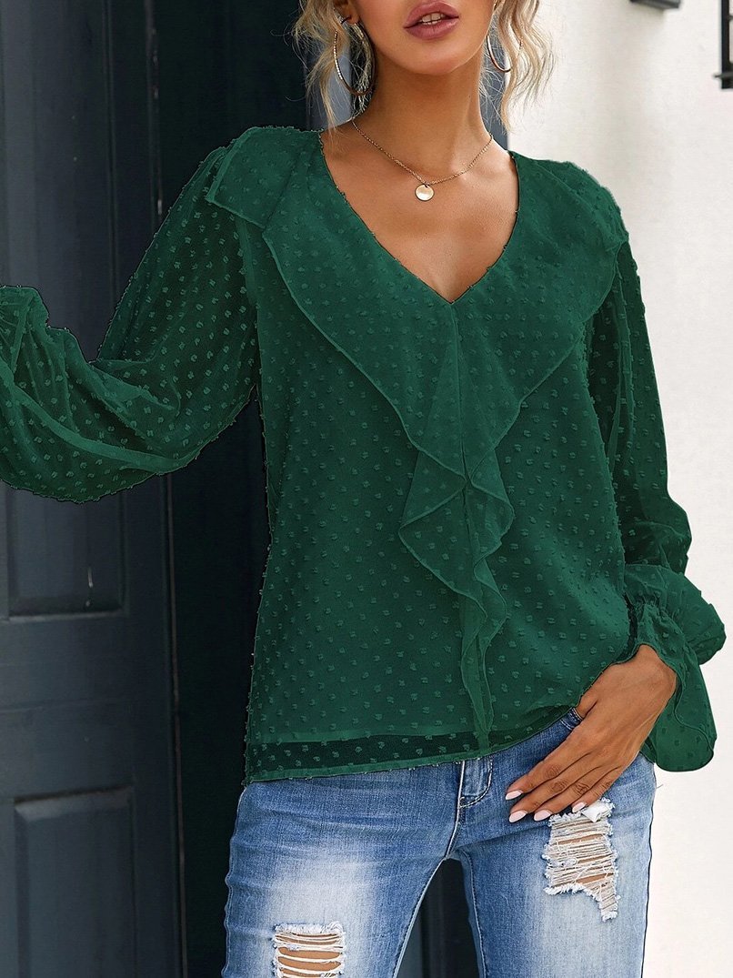 Women's Blouses V-Neck Ruffle Lantern Sleeve Commuter Chiffon Blouses - Blouses - INS | Online Fashion Free Shipping Clothing, Dresses, Tops, Shoes - 20-30 - 24/08/2021 - BLO2108251316