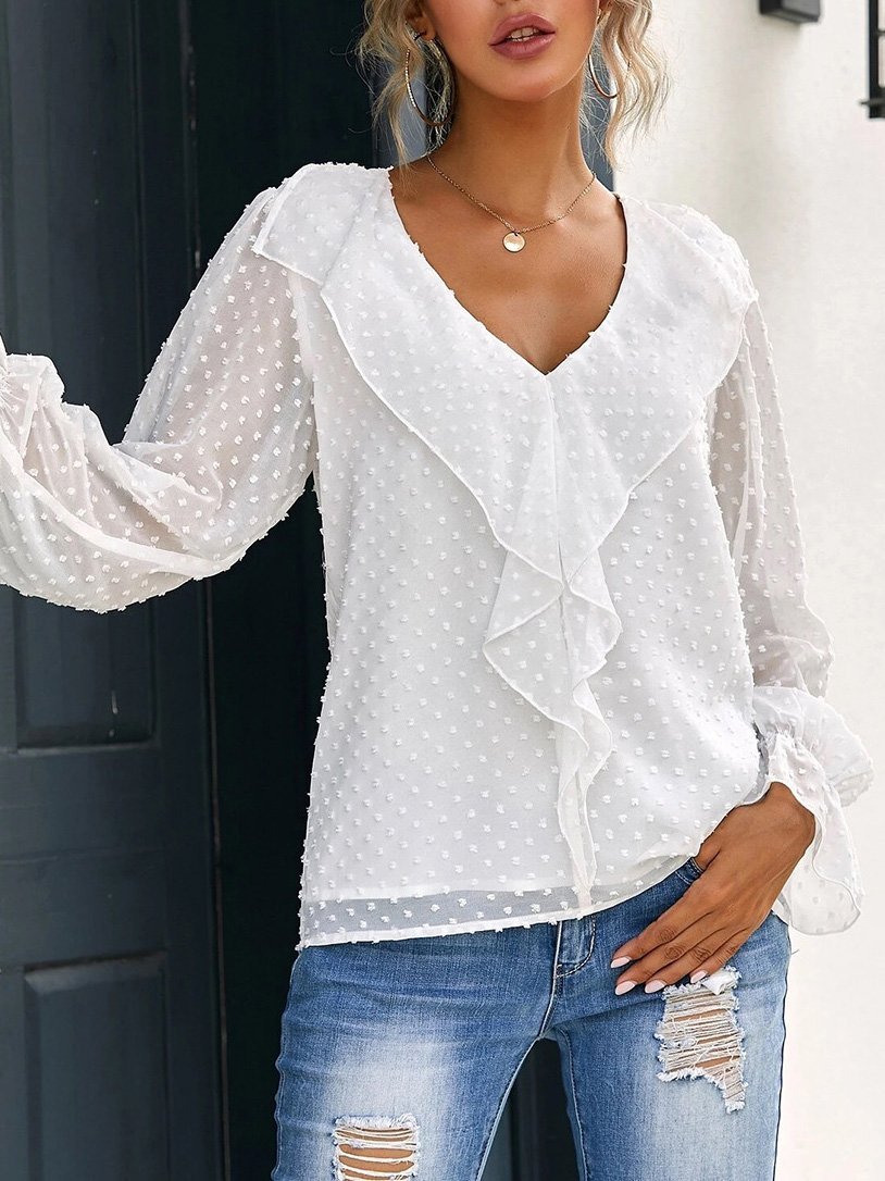 Women's Blouses V-Neck Ruffle Lantern Sleeve Commuter Chiffon Blouses - Blouses - INS | Online Fashion Free Shipping Clothing, Dresses, Tops, Shoes - 20-30 - 24/08/2021 - BLO2108251316