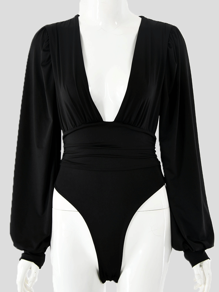 Women's Bodysuits Deep V-Neck Pleated Long Sleeve Bodysuit - Jumpsuits & Rompers - Instastyled | Online Fashion Free Shipping Clothing, Dresses, Tops, Shoes - 20-30 - 20/12/2021 - Bottoms