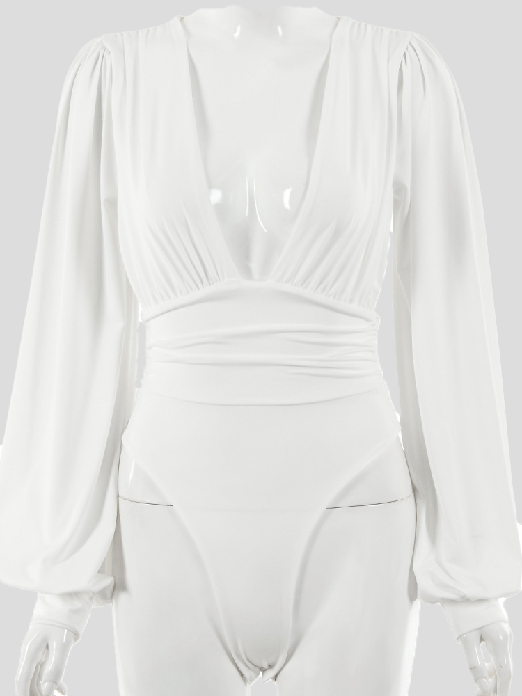 Women's Bodysuits Deep V-Neck Pleated Long Sleeve Bodysuit - Jumpsuits & Rompers - Instastyled | Online Fashion Free Shipping Clothing, Dresses, Tops, Shoes - 20-30 - 20/12/2021 - Bottoms