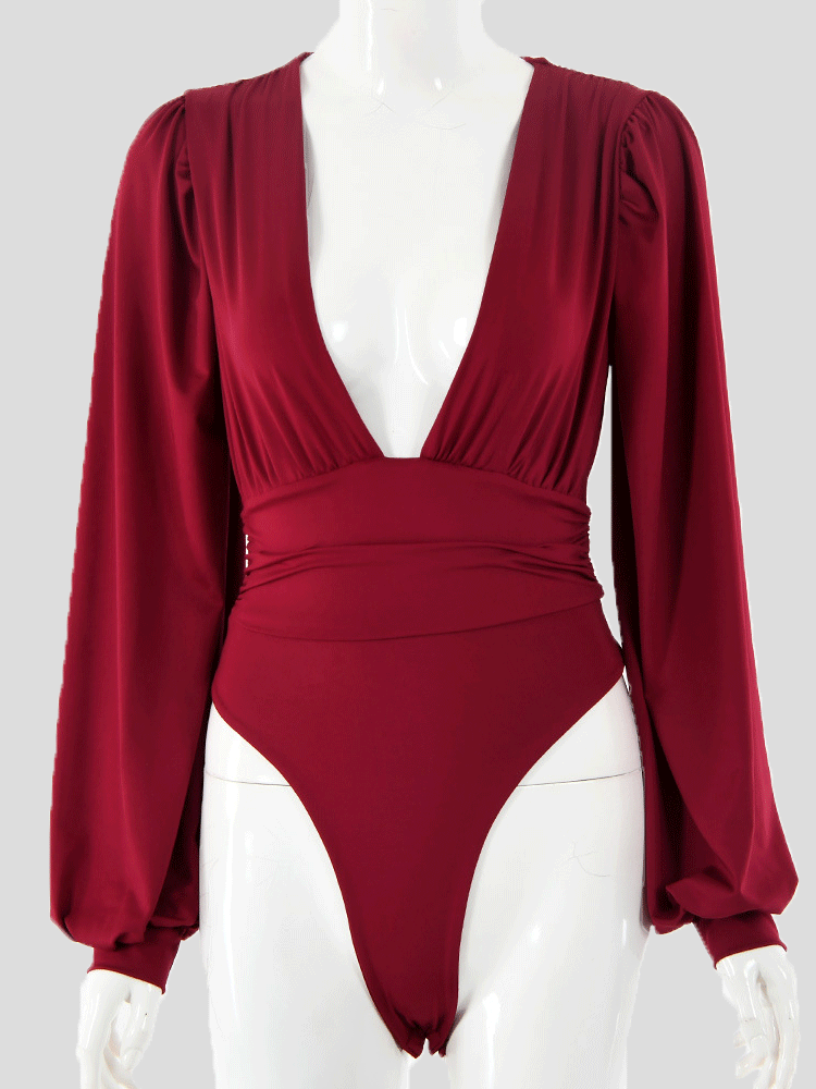 Women's Bodysuits Deep V-Neck Pleated Long Sleeve Bodysuit - Jumpsuits & Rompers - Instastyled | Online Fashion Free Shipping Clothing, Dresses, Tops, Shoes - 20-30 - 20/12/2021 - Bottoms