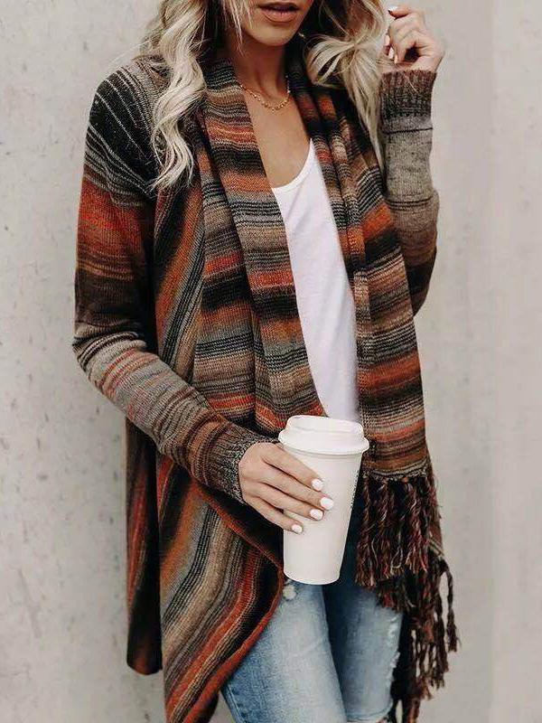 Women's Cardigans Fringed Long Sleeve Striped Sweater Cardigan - Cardigans & Sweaters - INS | Online Fashion Free Shipping Clothing, Dresses, Tops, Shoes - 15/09/2021 - 20-30 - CAR2109151129