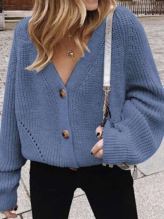 Women's Cardigans Solid V-Neck Buttoned Sweater Cardigan - Cardigans & Sweaters - Instastyled | Online Fashion Free Shipping Clothing, Dresses, Tops, Shoes - 12/01/2022 - 20-30 - CAR2201121211