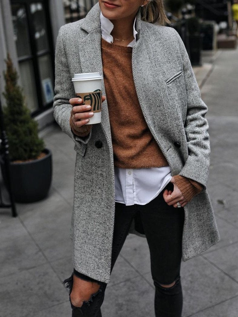 Women's Coats Casual Solid Lapel Long Sleeve Mid-length Coat - Coats & Jackets - INS | Online Fashion Free Shipping Clothing, Dresses, Tops, Shoes - 20/11/2021 - 40-50 - COA2111201322