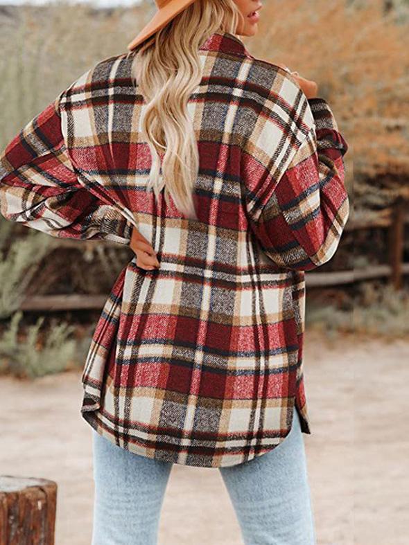 Women's Coats Lapel Buttoned Plaid Long Sleeve Coat - Coats & Jackets - INS | Online Fashion Free Shipping Clothing, Dresses, Tops, Shoes - 01/12/2021 - 40-50 - COA2112011335