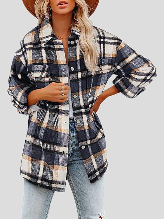 Women's Coats Lapel Buttoned Plaid Long Sleeve Coat - Coats & Jackets - INS | Online Fashion Free Shipping Clothing, Dresses, Tops, Shoes - 01/12/2021 - 40-50 - COA2112011335