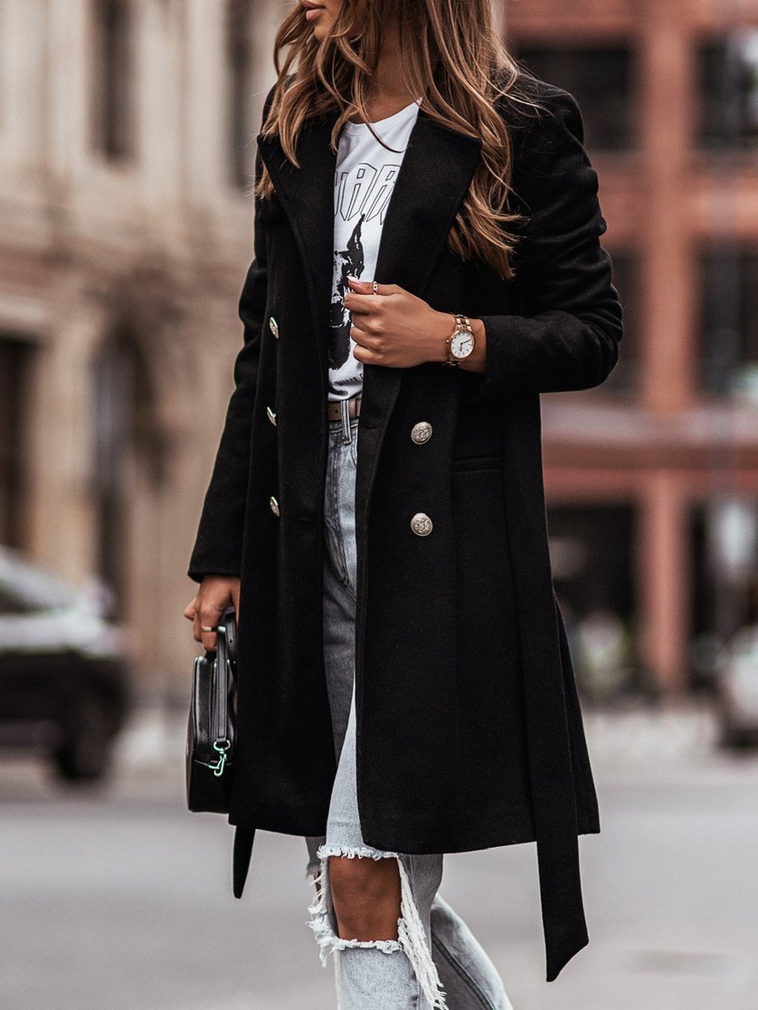 Women's Coats Lapel Double-Breasted Belted Long Sleeve Coat - Coats & Jackets - INS | Online Fashion Free Shipping Clothing, Dresses, Tops, Shoes - 17/11/2021 - 30-40 - COA2111171311