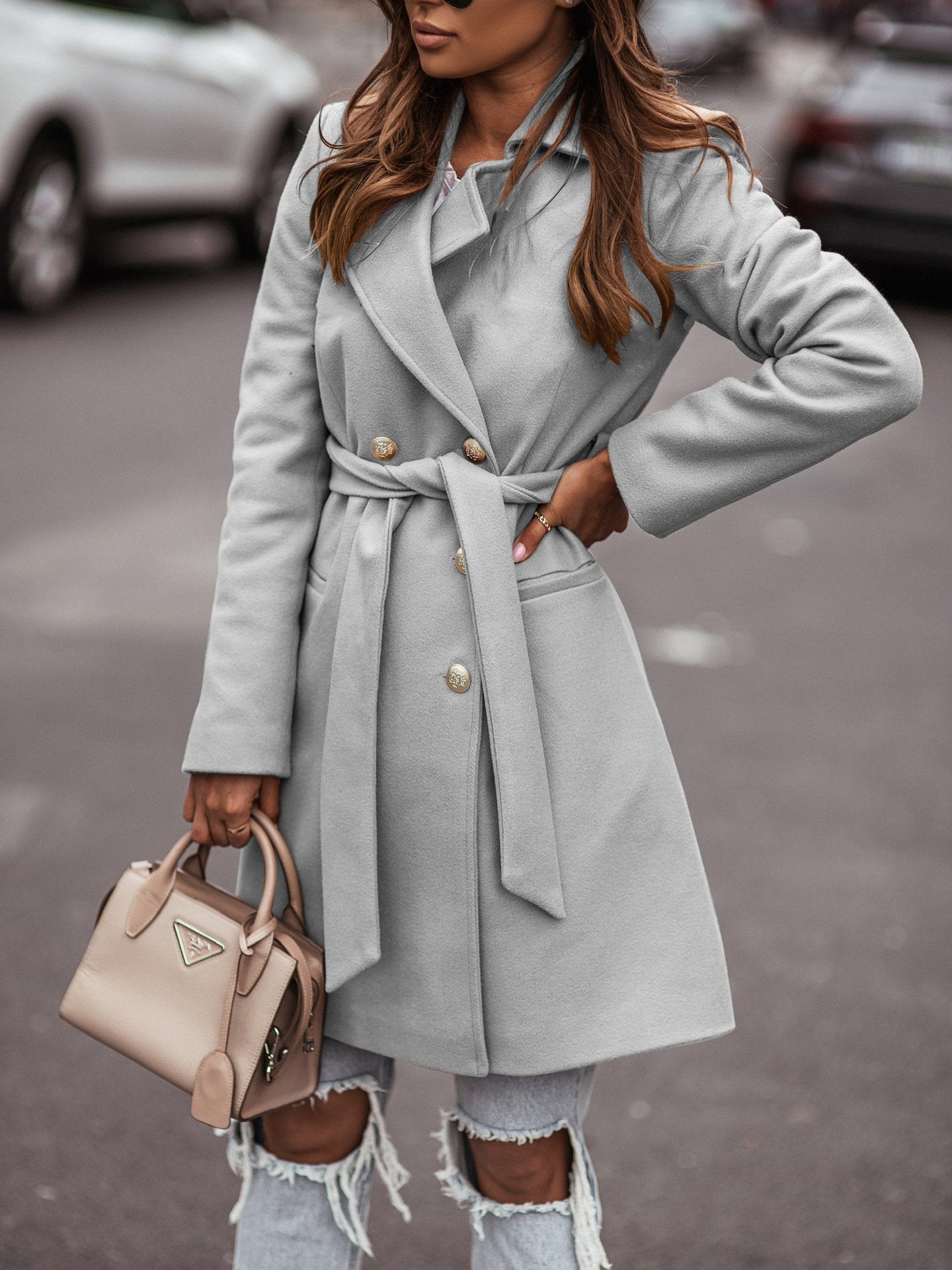 Women's Coats Lapel Double-Breasted Belted Long Sleeve Coat - Coats & Jackets - INS | Online Fashion Free Shipping Clothing, Dresses, Tops, Shoes - 17/11/2021 - 30-40 - COA2111171311