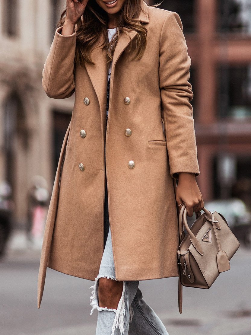 Women's Coats Lapel Double-Breasted Belted Long Sleeve Coat - Coats & Jackets - INS | Online Fashion Free Shipping Clothing, Dresses, Tops, Shoes - 17/11/2021 - 30-40 - COA2111171311
