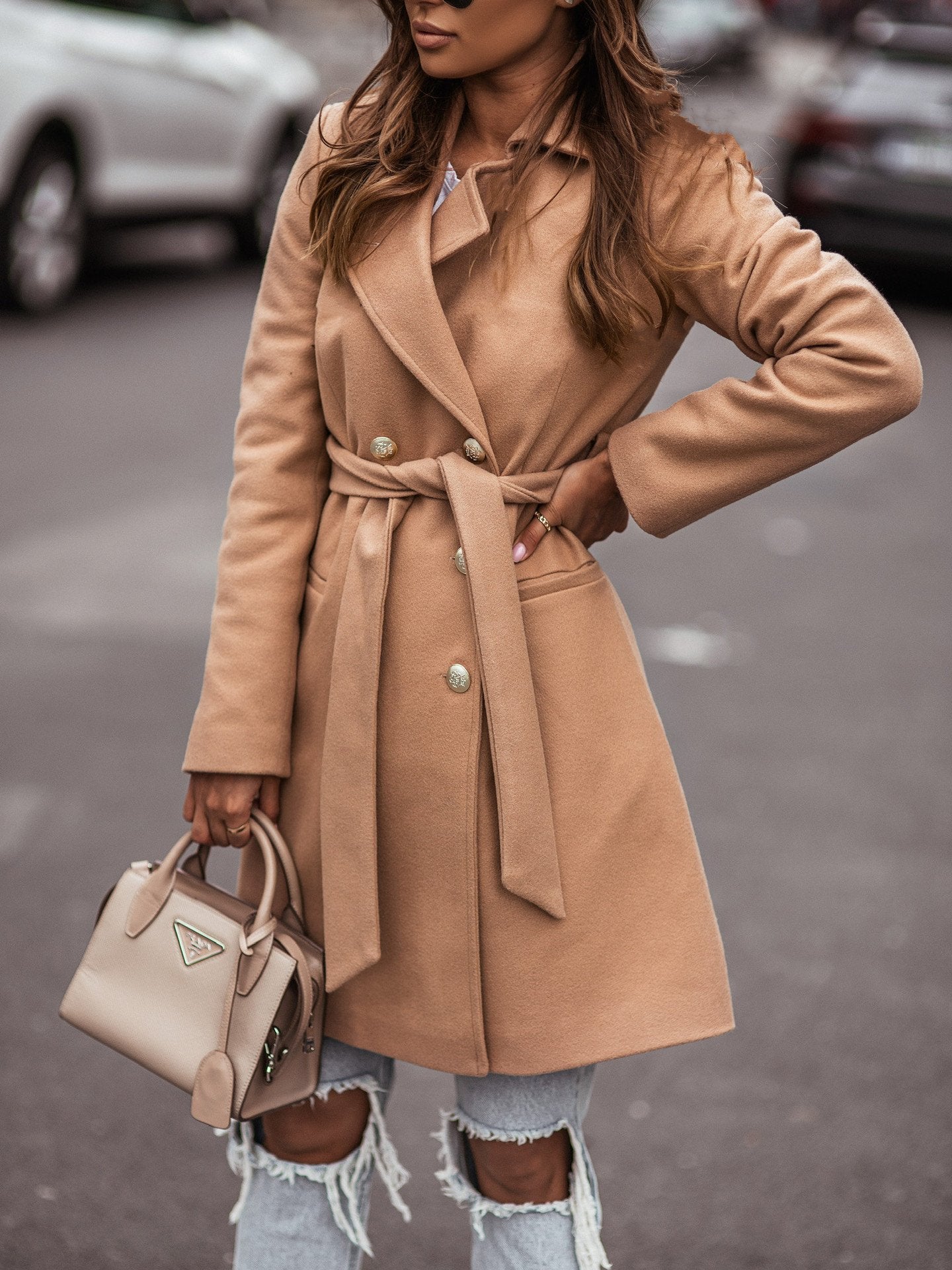 Women's Coats Lapel Double-Breasted Belted Long Sleeve Coat - Coats & Jackets - INS | Online Fashion Free Shipping Clothing, Dresses, Tops, Shoes - 17/11/2021 - 30-40 - COA2111171311