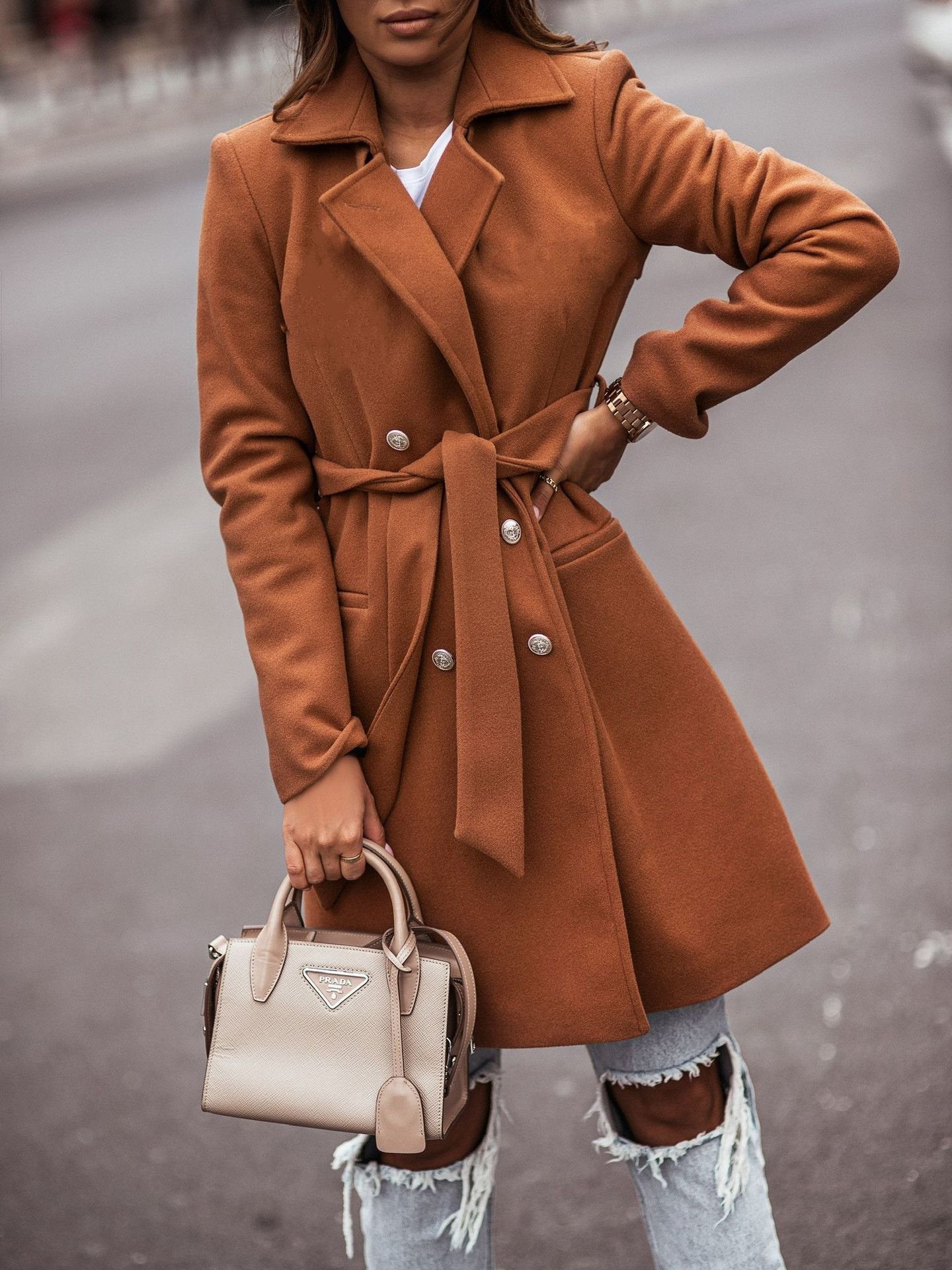 Women's Coats Lapel Double-Breasted Belted Long Sleeve Coat - Coats & Jackets - INS | Online Fashion Free Shipping Clothing, Dresses, Tops, Shoes - 17/11/2021 - 30-40 - COA2111171311
