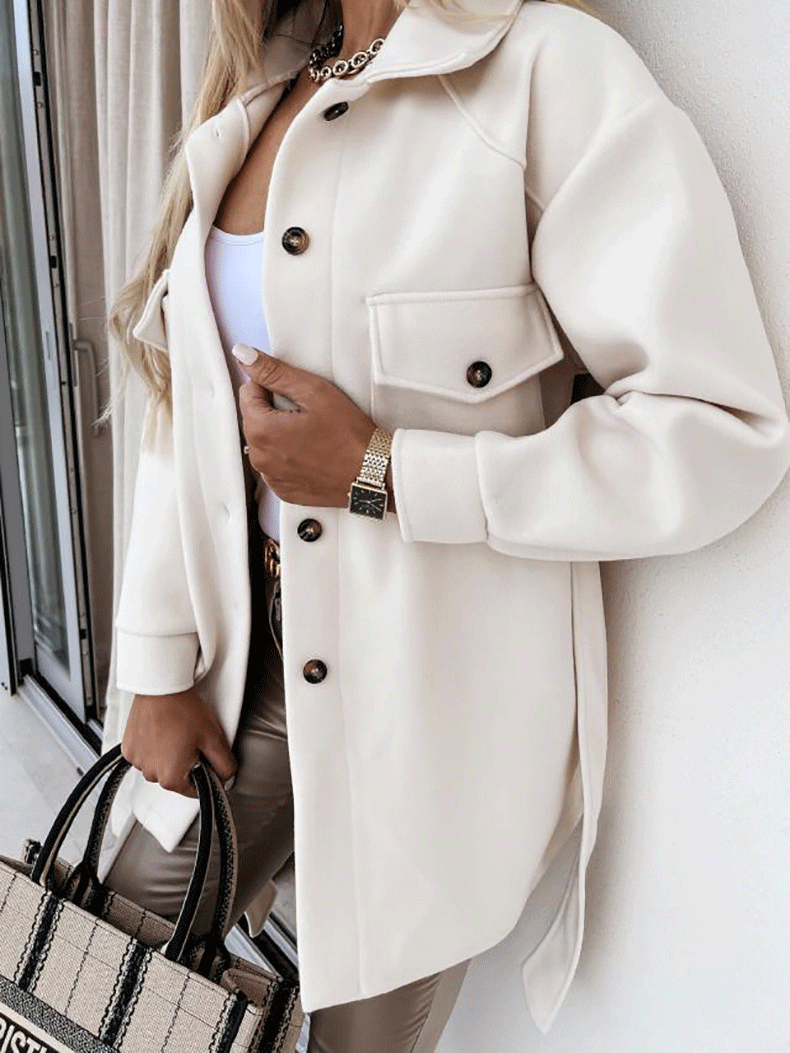 Women's Coats Long Sleeve Solid Lapel Button Belted Woolen Coat - Coats & Jackets - INS | Online Fashion Free Shipping Clothing, Dresses, Tops, Shoes - 29/09/2021 - 30-40 - COA2109291173