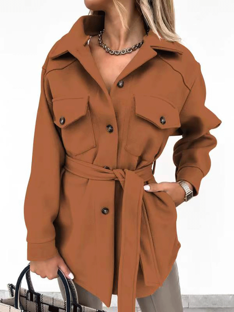 Women's Coats Long Sleeve Solid Lapel Button Belted Woolen Coat - Coats & Jackets - INS | Online Fashion Free Shipping Clothing, Dresses, Tops, Shoes - 29/09/2021 - 30-40 - COA2109291173
