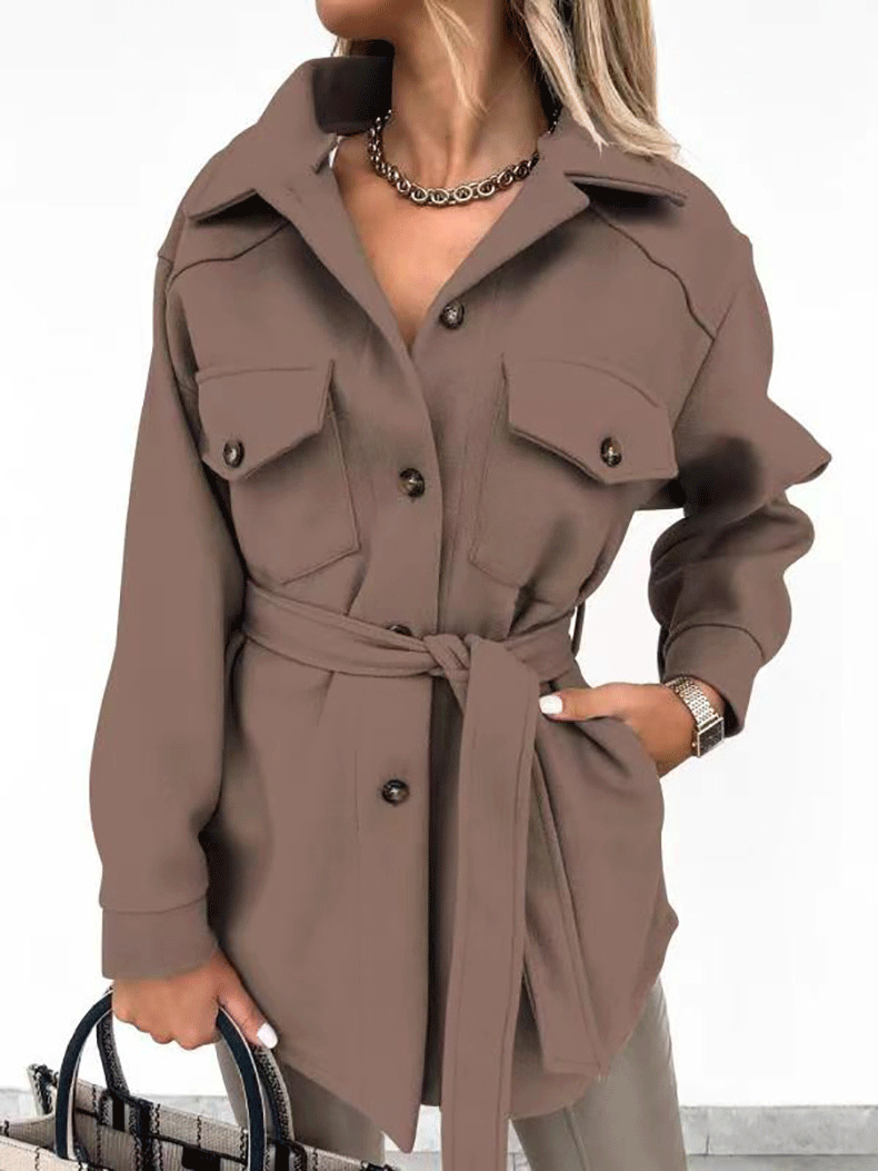 Women's Coats Long Sleeve Solid Lapel Button Belted Woolen Coat - Coats & Jackets - INS | Online Fashion Free Shipping Clothing, Dresses, Tops, Shoes - 29/09/2021 - 30-40 - COA2109291173