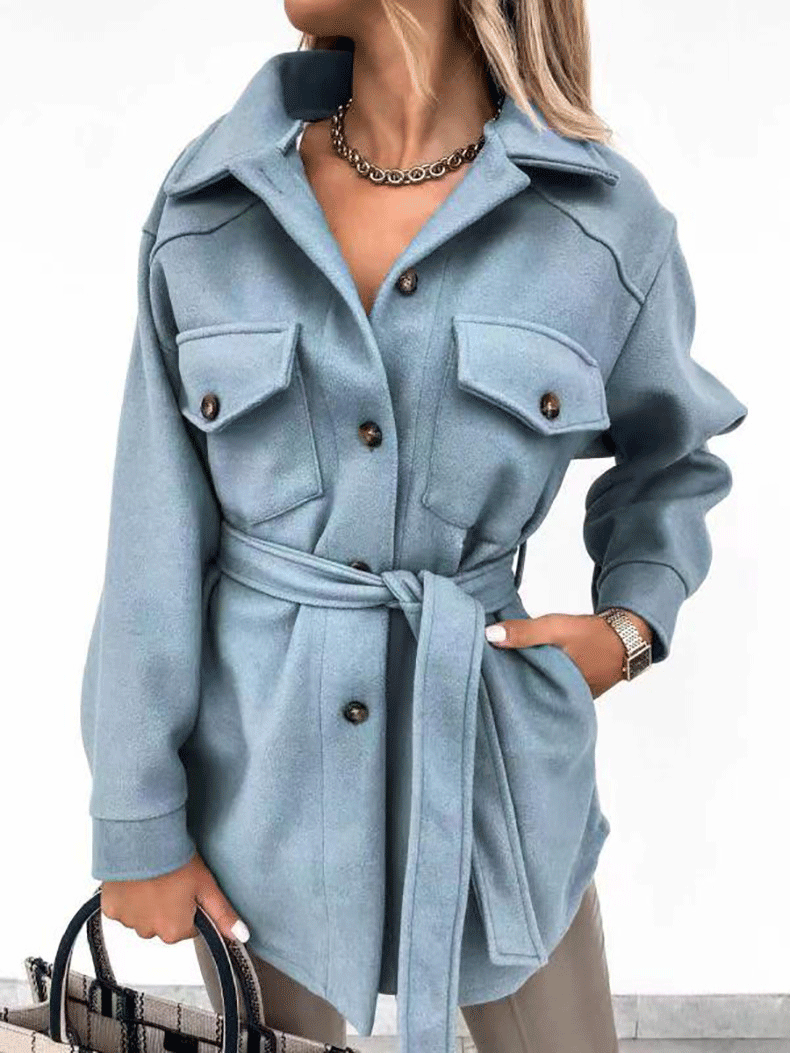 Women's Coats Long Sleeve Solid Lapel Button Belted Woolen Coat - Coats & Jackets - INS | Online Fashion Free Shipping Clothing, Dresses, Tops, Shoes - 29/09/2021 - 30-40 - COA2109291173