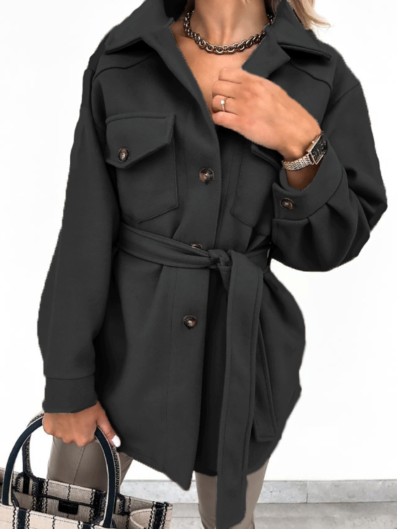 Women's Coats Long Sleeve Solid Lapel Button Belted Woolen Coat - Coats & Jackets - INS | Online Fashion Free Shipping Clothing, Dresses, Tops, Shoes - 29/09/2021 - 30-40 - COA2109291173