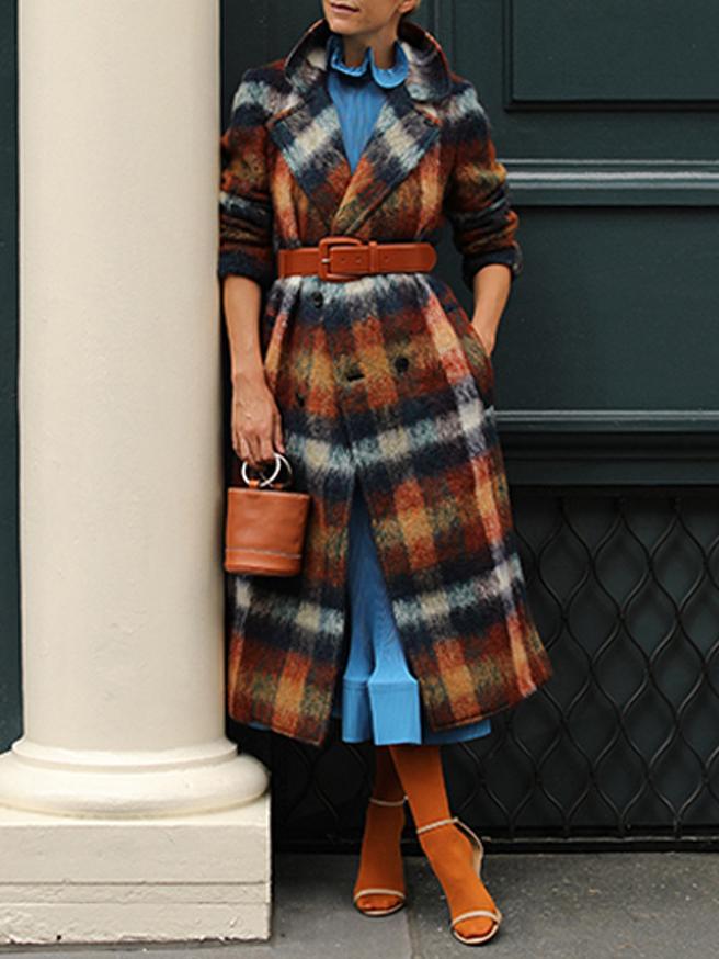 Women's Coats Plaid Lapel Double-Breasted Woolen Long Coat - Coats & Jackets - INS | Online Fashion Free Shipping Clothing, Dresses, Tops, Shoes - 13/10/2021 - COA2110131216 - Coats & Jackets
