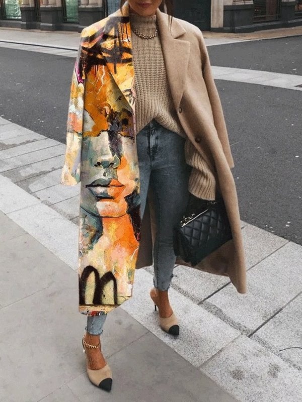 Women's Coats Printed Stitching Lapel Long Woolen Coat - Coats & Jackets - INS | Online Fashion Free Shipping Clothing, Dresses, Tops, Shoes - 28/09/2021 - COA2109281170 - Coats & Jackets