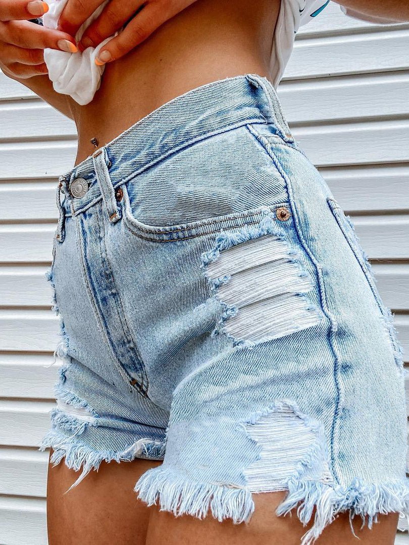 Women's Denim Head Print Ripped Fringed Denim Shorts - Denim Shorts - Instastyled | Online Fashion Free Shipping Clothing, Dresses, Tops, Shoes - 10/02/2022 - 30-40 - Bottoms