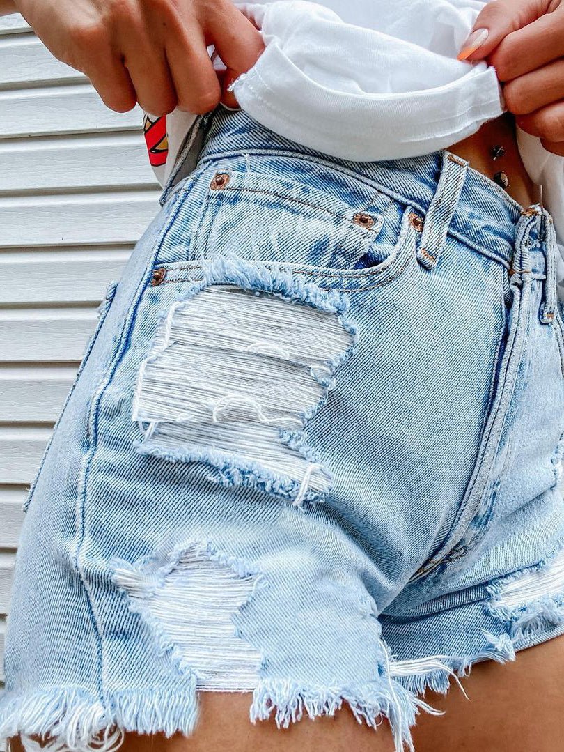 Women's Denim Head Print Ripped Fringed Denim Shorts - Denim Shorts - Instastyled | Online Fashion Free Shipping Clothing, Dresses, Tops, Shoes - 10/02/2022 - 30-40 - Bottoms