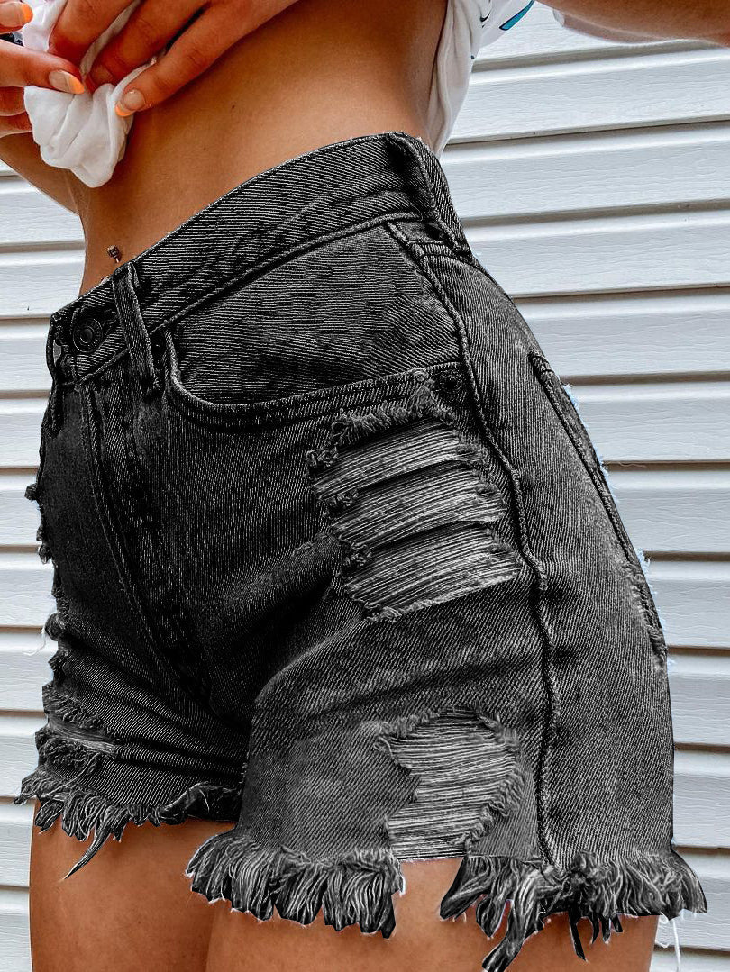 Women's Denim Head Print Ripped Fringed Denim Shorts - Denim Shorts - Instastyled | Online Fashion Free Shipping Clothing, Dresses, Tops, Shoes - 10/02/2022 - 30-40 - Bottoms