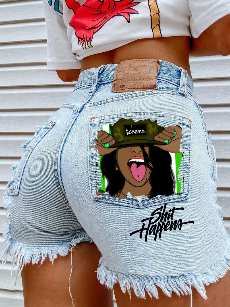 Women's Denim Head Print Ripped Fringed Denim Shorts - Denim Shorts - Instastyled | Online Fashion Free Shipping Clothing, Dresses, Tops, Shoes - 10/02/2022 - 30-40 - Bottoms
