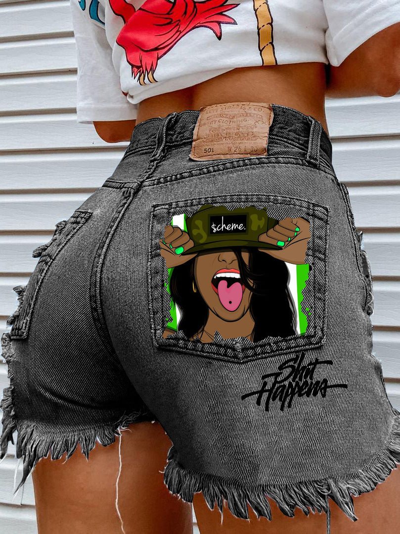 Women's Denim Head Print Ripped Fringed Denim Shorts - Denim Shorts - Instastyled | Online Fashion Free Shipping Clothing, Dresses, Tops, Shoes - 10/02/2022 - 30-40 - Bottoms