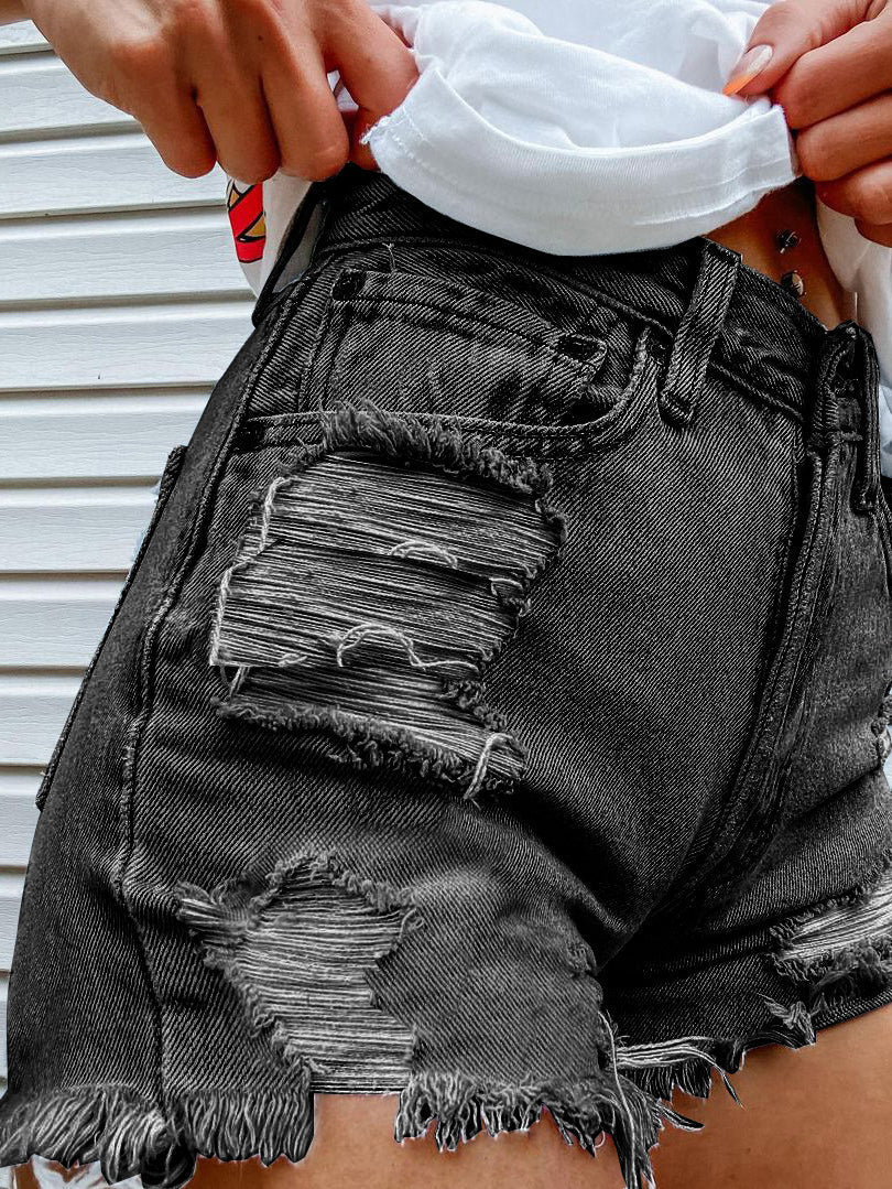 Women's Denim Head Print Ripped Fringed Denim Shorts - Denim Shorts - Instastyled | Online Fashion Free Shipping Clothing, Dresses, Tops, Shoes - 10/02/2022 - 30-40 - Bottoms