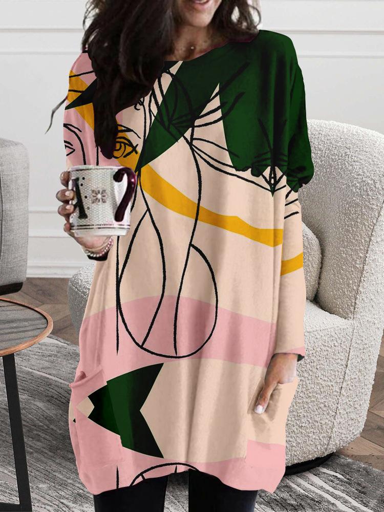 Women's Dresses Abstract Face Print Round Neck Pocket Long Sleeve Dress - Mini Dresses - INS | Online Fashion Free Shipping Clothing, Dresses, Tops, Shoes - 07/09/2021 - 20-30 - Category_Mini Dresses