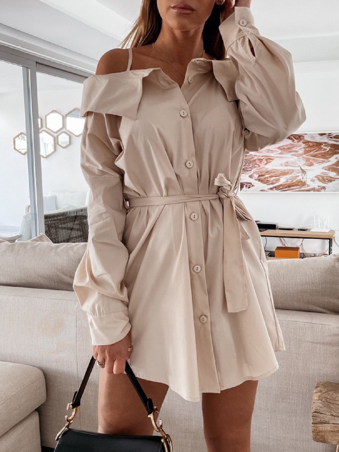 Women's Dresses Belted Strapless Belted Button Shirt Dress - Mini Dresses - INS | Online Fashion Free Shipping Clothing, Dresses, Tops, Shoes - 20-30 - 24/08/2021 - Category_Mini Dresses