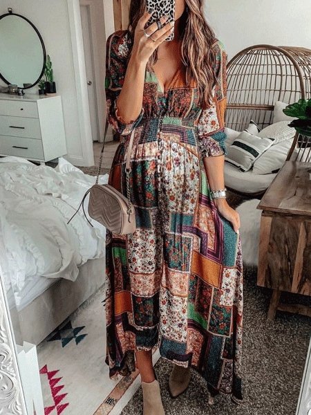 Women's Dresses Bohemian Print V-Neck Long Sleeve Dress - Maxi Dresses - INS | Online Fashion Free Shipping Clothing, Dresses, Tops, Shoes - 29/10/2021 - 30-40 - color-multi