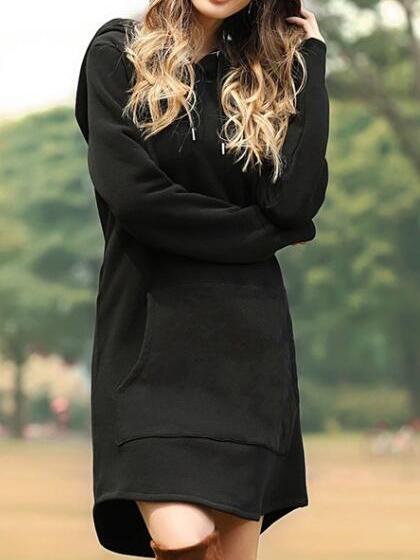 Women's Dresses Casual Solid Pocket Long Sleeve Hooded Dress - Midi Dresses - INS | Online Fashion Free Shipping Clothing, Dresses, Tops, Shoes - 10-20 - 11/11/2021 - color-black