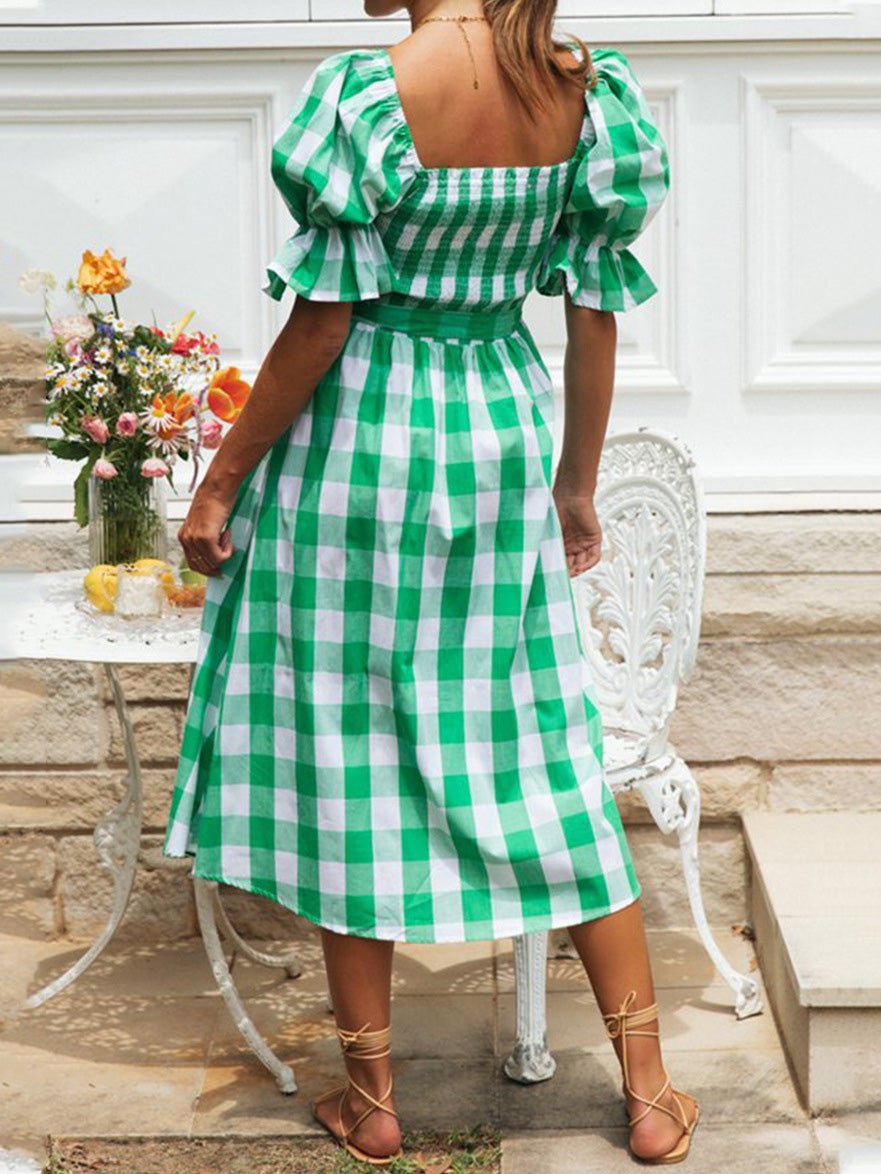 Women's Dresses Check Belted Puff Sleeve Dress - Maxi Dresses - Instastyled | Online Fashion Free Shipping Clothing, Dresses, Tops, Shoes - 14/02/2022 - 40-50 - color-green