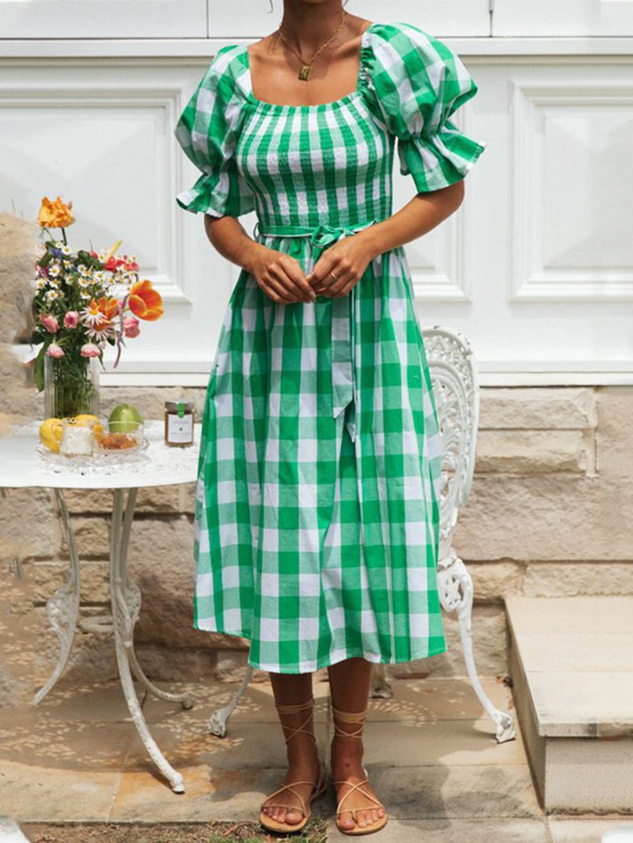 Women's Dresses Check Belted Puff Sleeve Dress - Maxi Dresses - Instastyled | Online Fashion Free Shipping Clothing, Dresses, Tops, Shoes - 14/02/2022 - 40-50 - color-green