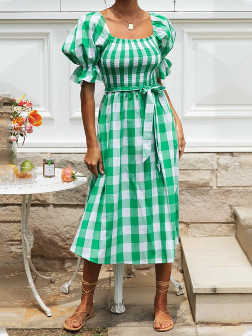 Women's Dresses Check Belted Puff Sleeve Dress - Maxi Dresses - Instastyled | Online Fashion Free Shipping Clothing, Dresses, Tops, Shoes - 14/02/2022 - 40-50 - color-green