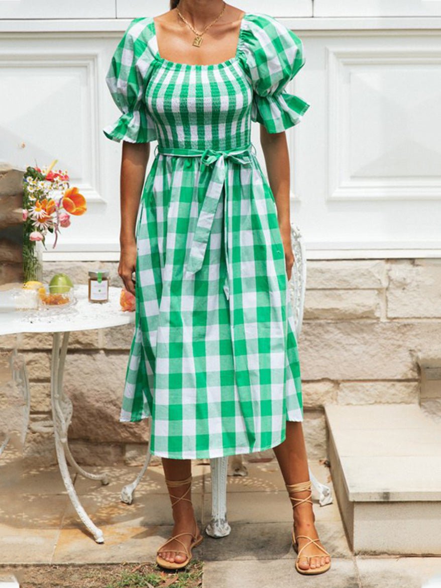 Women's Dresses Check Belted Puff Sleeve Dress - Maxi Dresses - Instastyled | Online Fashion Free Shipping Clothing, Dresses, Tops, Shoes - 14/02/2022 - 40-50 - color-green