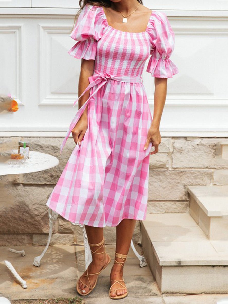 Women's Dresses Check Belted Puff Sleeve Dress - Maxi Dresses - Instastyled | Online Fashion Free Shipping Clothing, Dresses, Tops, Shoes - 14/02/2022 - 40-50 - color-green