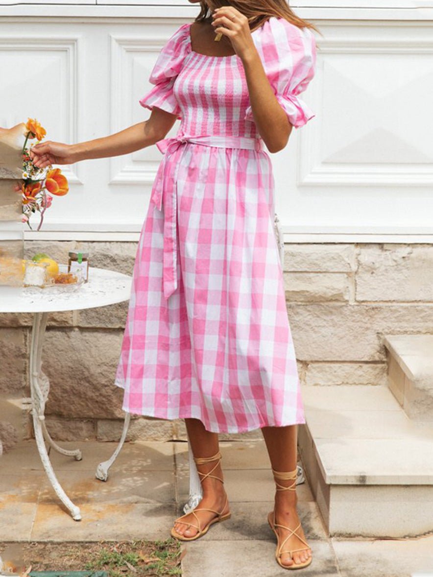 Women's Dresses Check Belted Puff Sleeve Dress - Maxi Dresses - Instastyled | Online Fashion Free Shipping Clothing, Dresses, Tops, Shoes - 14/02/2022 - 40-50 - color-green