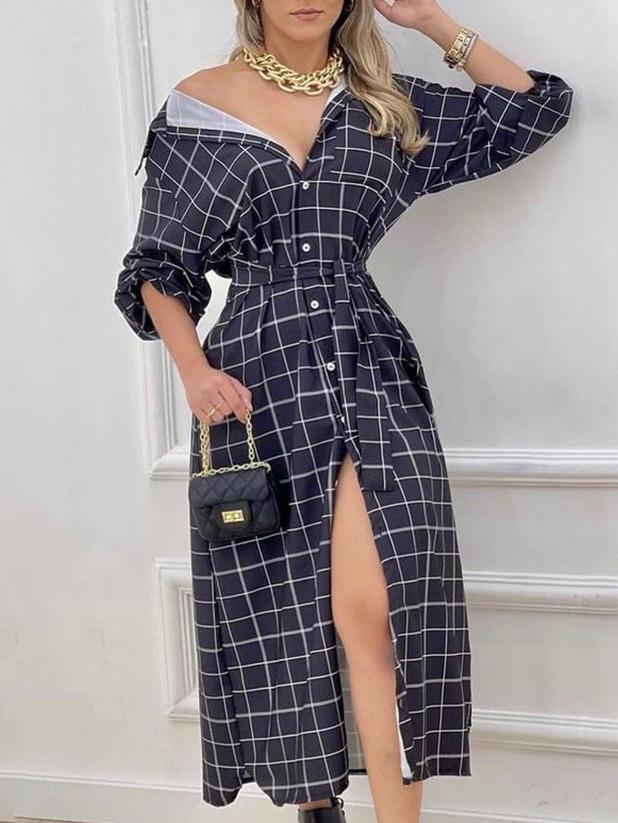 Women's Dresses Check Print Button Long Sleeve Shirt Dress - Midi Dresses - INS | Online Fashion Free Shipping Clothing, Dresses, Tops, Shoes - 30-40 - 30/08/2021 - Category_Midi Dresses