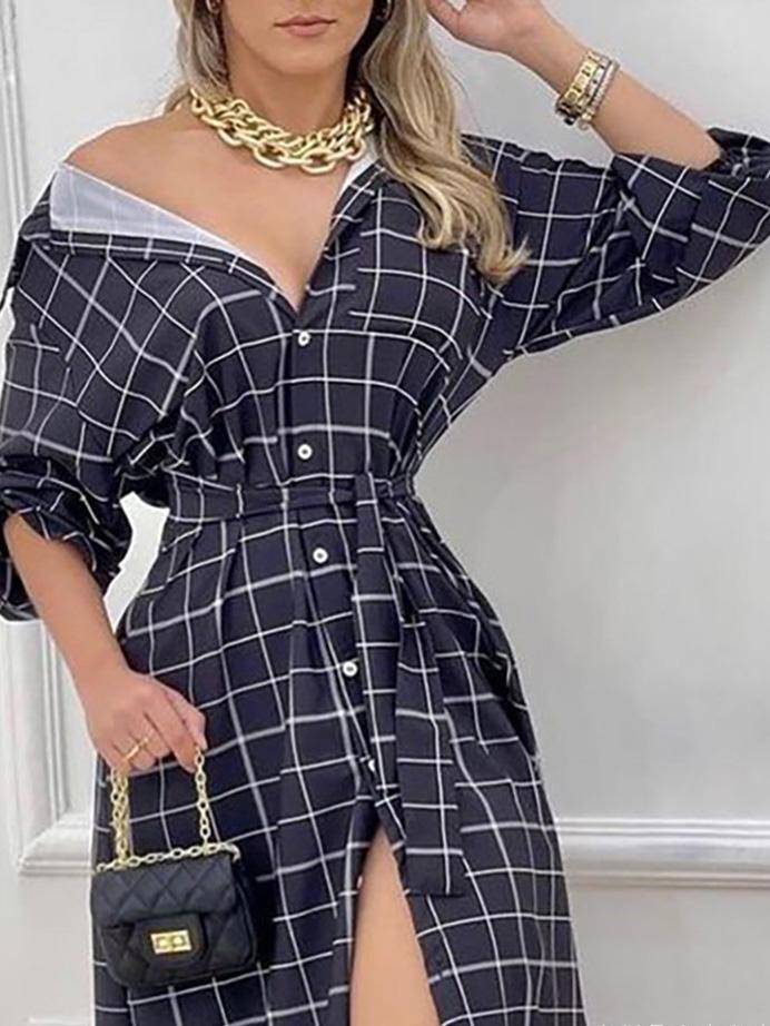 Women's Dresses Check Print Button Long Sleeve Shirt Dress - Midi Dresses - INS | Online Fashion Free Shipping Clothing, Dresses, Tops, Shoes - 30-40 - 30/08/2021 - Category_Midi Dresses