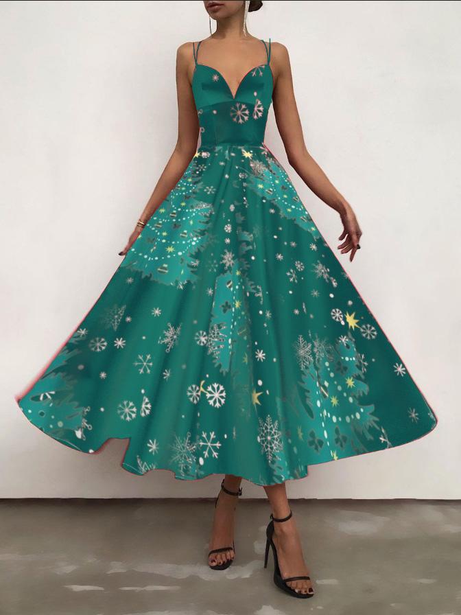 Women's Dresses Christmas Print Halter Strap Maxi Dress - Maxi Dresses - INS | Online Fashion Free Shipping Clothing, Dresses, Tops, Shoes - 29/11/2021 - 40-50 - color-green