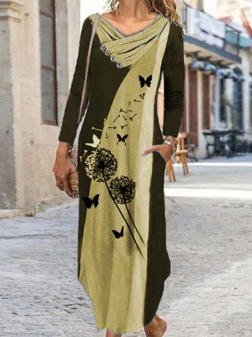 Women's Dresses Dandelion Print Pile Neck Long Sleeve Dress - Maxi Dresses - INS | Online Fashion Free Shipping Clothing, Dresses, Tops, Shoes - 06/09/2021 - 20-30 - Category_Maxi Dresses