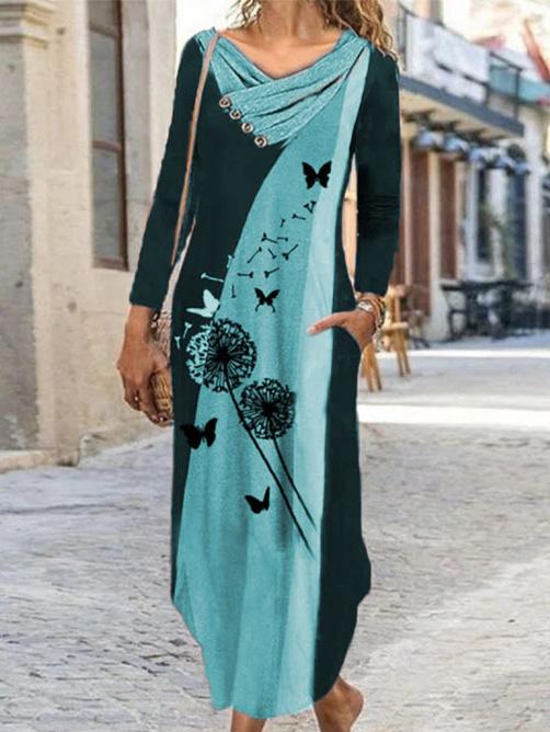 Women's Dresses Dandelion Print Pile Neck Long Sleeve Dress - Maxi Dresses - INS | Online Fashion Free Shipping Clothing, Dresses, Tops, Shoes - 06/09/2021 - 20-30 - Category_Maxi Dresses