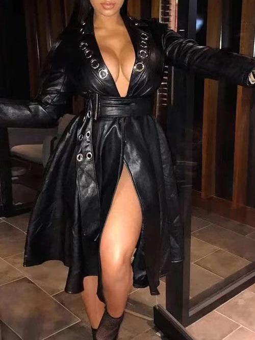 Women's Dresses Deep V-Neck Corn Eye Belt Long Sleeve Leather Dress - Midi Dresses - INS | Online Fashion Free Shipping Clothing, Dresses, Tops, Shoes - 30/11/2021 - color-black - Color_Black