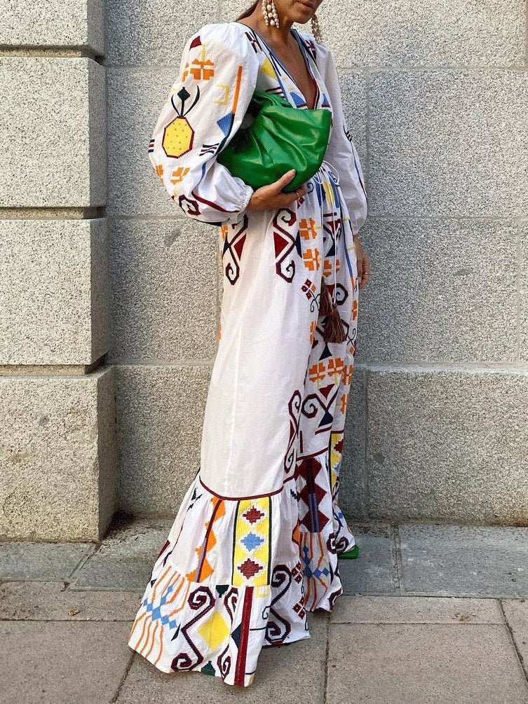 Women's Dresses Deep V-Neck Lantern Sleeve Printed Dress - Maxi Dresses - INS | Online Fashion Free Shipping Clothing, Dresses, Tops, Shoes - 29/10/2021 - 40-50 - color-white