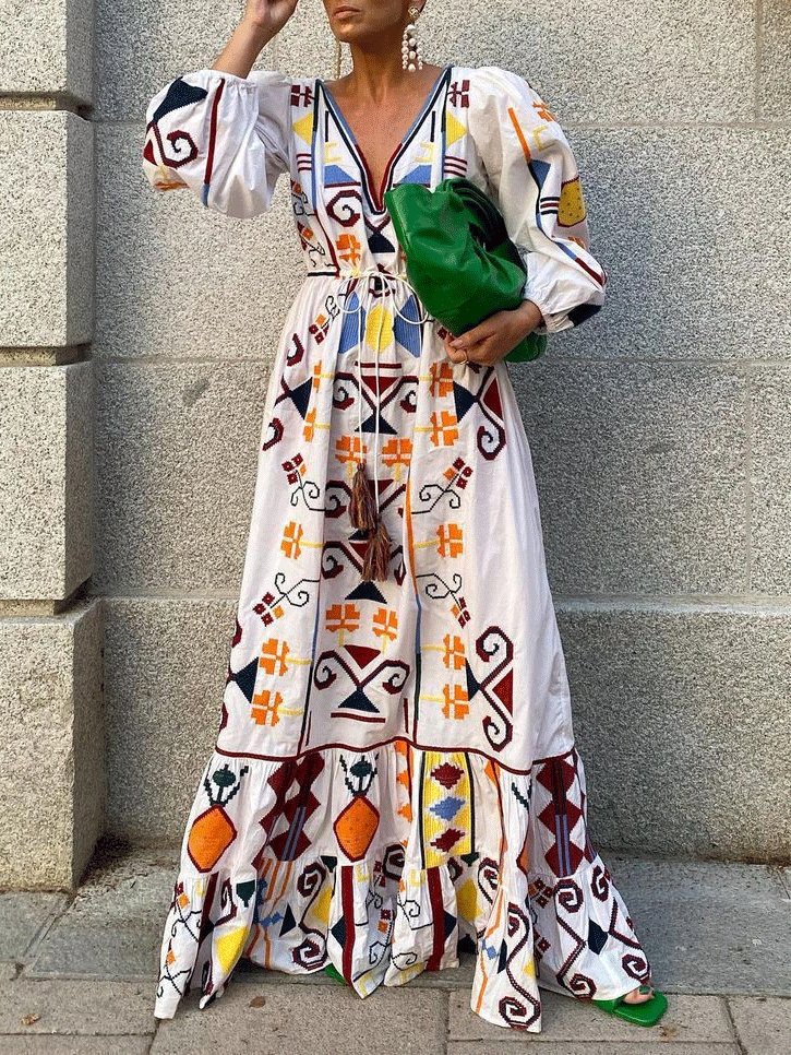 Women's Dresses Deep V-Neck Lantern Sleeve Printed Dress - Maxi Dresses - INS | Online Fashion Free Shipping Clothing, Dresses, Tops, Shoes - 29/10/2021 - 40-50 - color-white