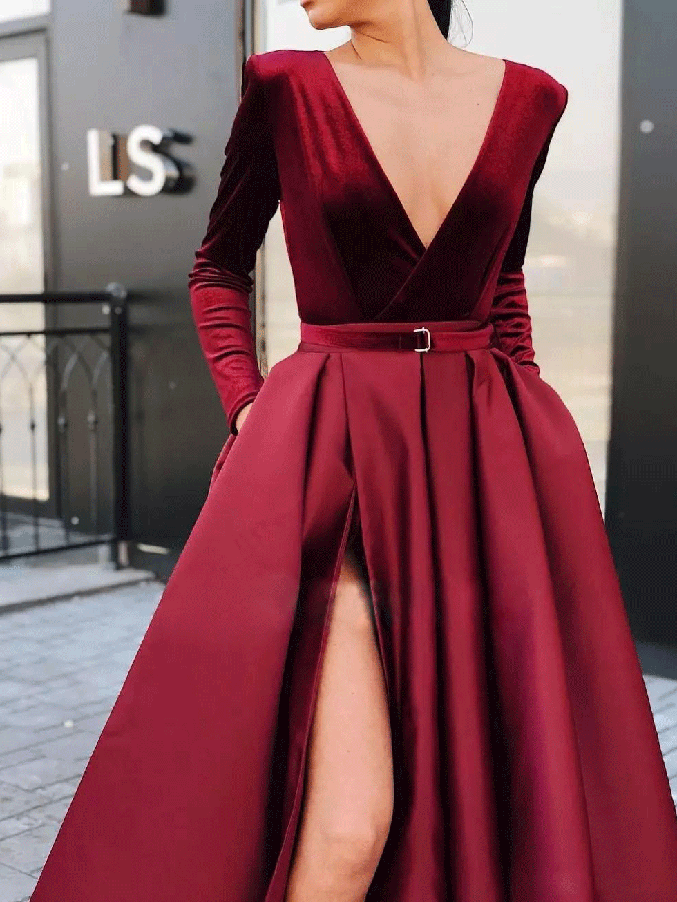 Women's Dresses Deep V-Neck Long Sleeve Split Dress - Maxi Dresses - INS | Online Fashion Free Shipping Clothing, Dresses, Tops, Shoes - 28/10/2021 - 40-50 - color-red
