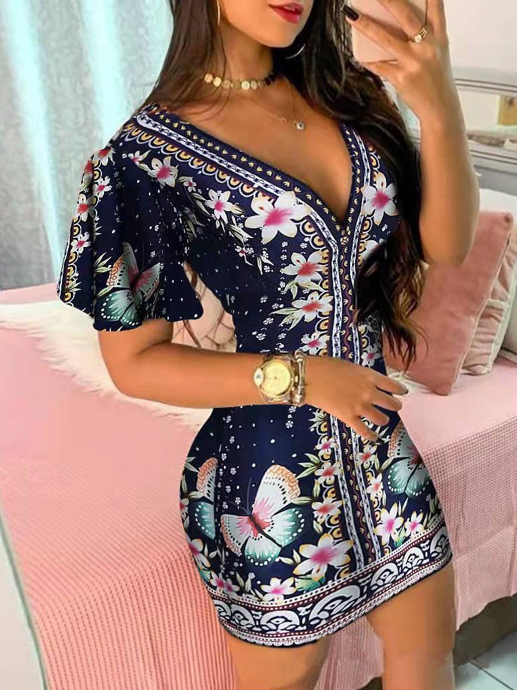 Women's Dresses Deep V-Neck Print Short Sleeve Skinny Dress - Mini Dresses - Instastyled | Online Fashion Free Shipping Clothing, Dresses, Tops, Shoes - 07/01/2022 - 20-30 - color-black