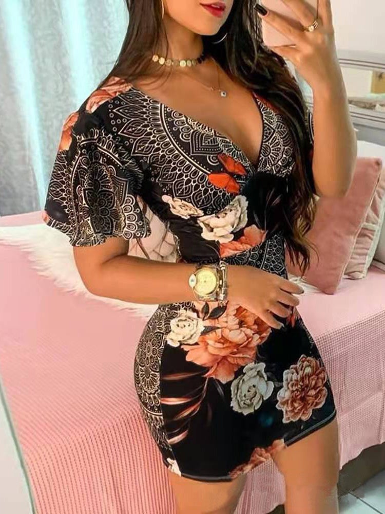 Women's Dresses Deep V-Neck Print Short Sleeve Skinny Dress - Mini Dresses - Instastyled | Online Fashion Free Shipping Clothing, Dresses, Tops, Shoes - 07/01/2022 - 20-30 - color-black