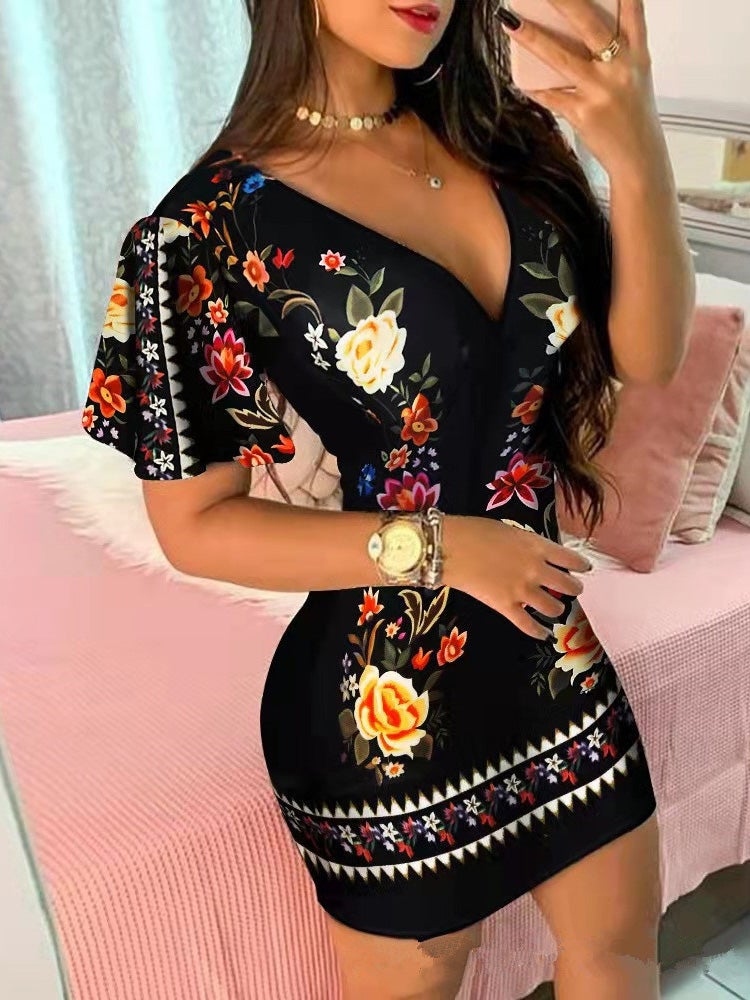 Women's Dresses Deep V-Neck Print Short Sleeve Skinny Dress - Mini Dresses - Instastyled | Online Fashion Free Shipping Clothing, Dresses, Tops, Shoes - 07/01/2022 - 20-30 - color-black